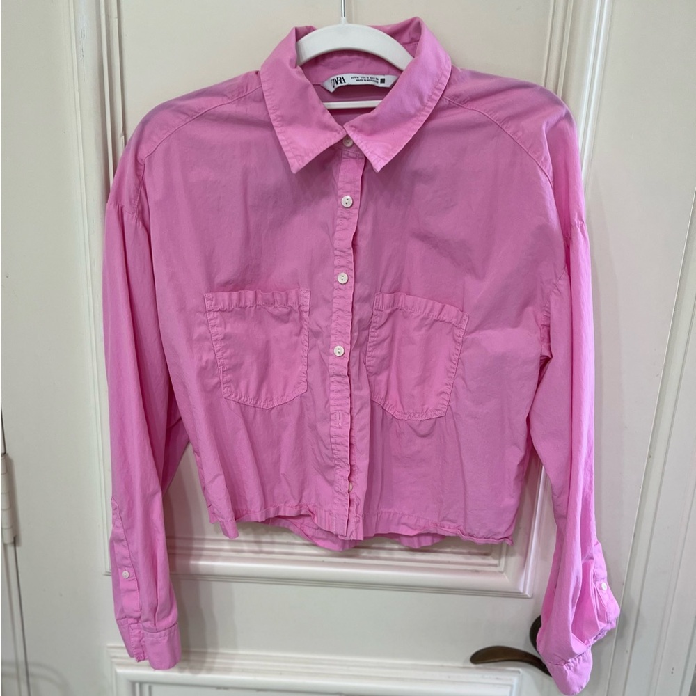 Zara Pink Button-Up Cropped Shirt Medium